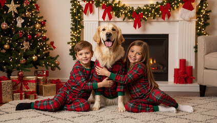 Happy children in matching pajamas hugging their golden retriever dog. Family portrait by a decorated Christmas tree and fireplace. Festive holiday season at home.