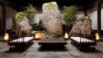 A serene courtyard space with large rocks, bamboo plants, and traditional-style furniture bathed in warm lighting.