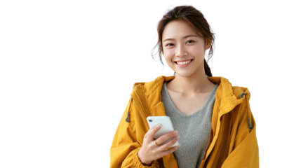 Happy Woman Holding a Smartphone: A cheerful woman in a yellow jacket smiles as she holds a smartphone in a brightly lit studio, communicating and connecting in modern times.