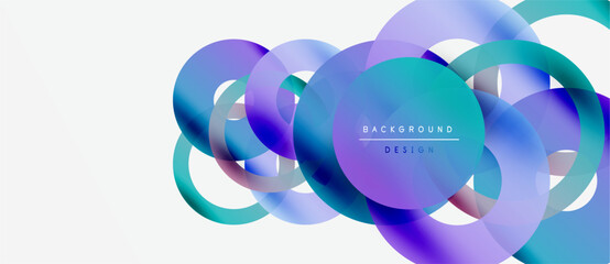 Abstract circles overlap, creating vibrant blue, purple gradients. White space provides clean contrast. Modern design element.