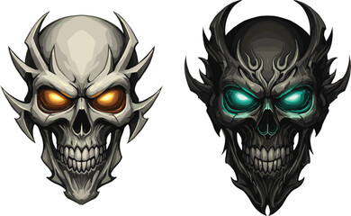 Fantasy skull illustration, glowing eyes, demonic design, spooky Halloween artwork, creepy bone face, horror theme, supernatural concept, gothic dark art, scary design