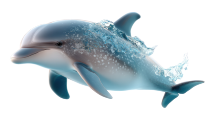Dolphin and Water Splash: A graceful dolphin leaps through crystal clear water, its sleek body glistening as it interacts with a burst of oceanic splashes.