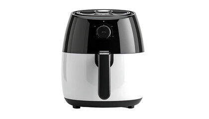 Sleek white and black air fryer with a circular control dial and a front-facing handle