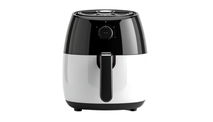 Sleek white and black air fryer with a circular control dial and a front-facing handle