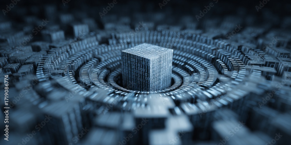 Wall mural abstract digital background with 3d cube structure and binary code circle in blue color palette for 