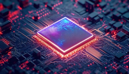 Close-up of a glowing CPU on a circuit board