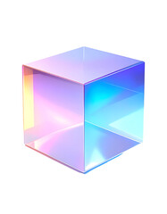 Iridescent cube, glassy, smooth surface, pastel rainbow hues, reflecting light, digitally rendered, 3D