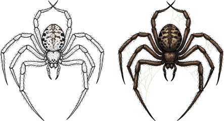 Spider illustration, black and white line drawing, colored realistic spider, web background, creepy insect, Halloween theme, biology study, educational artwork, spooky design
