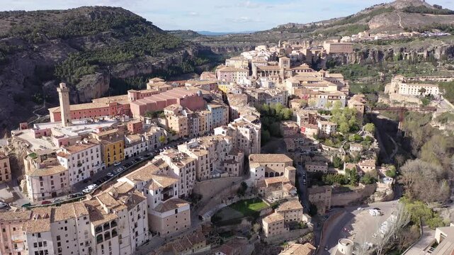 Drone view of the picturesque quarters of the city Cuenca. Castilla-La Mancha, Spain