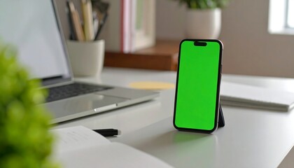 Smartphone on a desk with green screen