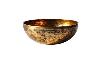 A wide, shallow, golden singing bowl with etched, dark-toned, intricate designs around its circumference, set against a black background