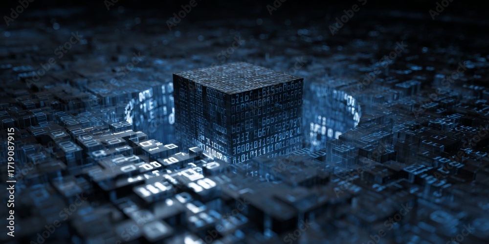 Wall mural abstract digital background with 3d cube structure and binary code circle in blue color palette for 