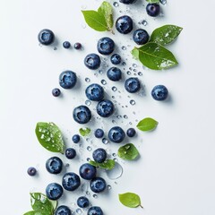 Fresh blueberries with leaves and water droplets on a white background.
