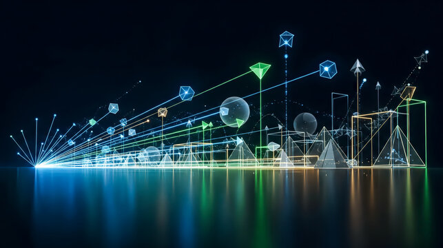 Futuristic data visualization with glowing geometric shapes and network lines, abstract business analytics and big data technology concept on dark background