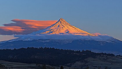 Majestic snow-capped mountain peak at dawn, bathed in warm light
