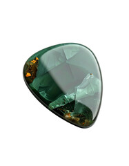 A translucent, teardrop-shaped green gemstone with internal crystalline structures and flecks of amber.  Highly polished, smooth surface