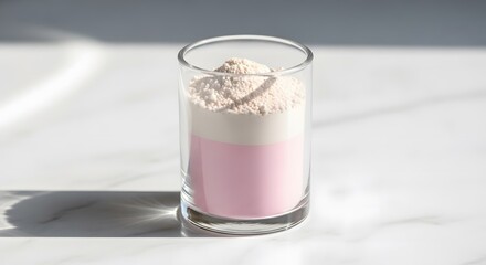 Strawberry protein powder supplement in a glass on a bright white surface with natural light.