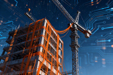 Construction site with digital circuit overlay, featuring a building under construction and crane against a technological background