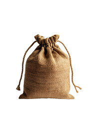 A small, light-brown burlap drawstring bag, slightly wrinkled, sits against a black background.  Its simple design features a gathered top and long cords
