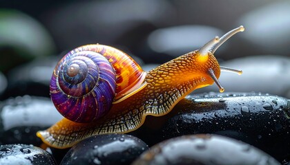 Colorful snail on wet rocks
