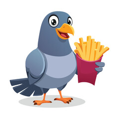 A cute cartoon pigeon bird holding french fries, a hilarious and charming design of a city bird enjoying its favorite meal