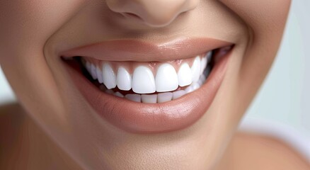 Obraz premium Close-up of a bright, healthy smile with perfectly aligned, white teeth and natural-looking pink lips. The image emphasizes dental health and beauty
