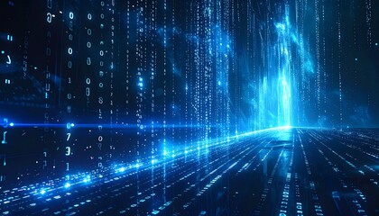 Digital corridor with glowing binary code