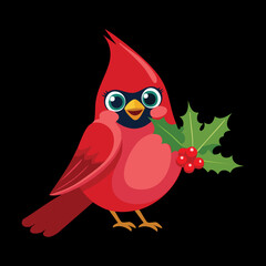 Cute red cardinal bird holding a sprig of holly with red berries, a perfect festive and charming Christmas holiday greeting
