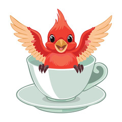 A sweet cartoon cardinal bird in a teacup with open wings, representing joy and a peaceful morning coffee or tea moment

