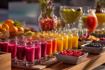 A buffet spread of fresh fruits and juices Guests fill their glasses with colorful drinks The mood feels refreshing and bright