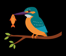  A majestic kingfisher bird perched on a branch with a fish in its beak, ready to enjoy its catch in a detailed cartoon style
