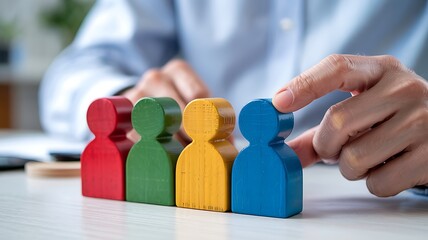 Close up of a hand selecting a blue wooden figure from a colorful line of people figurines representing teamwork and human resources