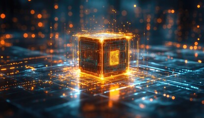 Glowing cube on circuit board, digital art