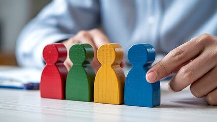 Hand selecting a blue person figurine from a row of colorful wooden figures representing diversity and choice