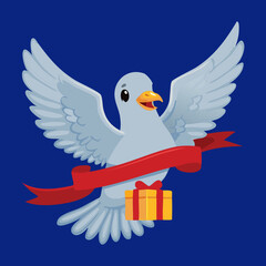 A joyful flying dove holds a red ribbon, a symbol of a celebration, a gift, or a special announcement
