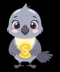 An adorable baby owl holds a shiny golden coin, a cute illustration symbolizing savings, finance, and wealth