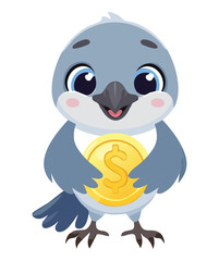 A sweet baby owl holds a golden coin, a charming and adorable cartoon illustration for financial and savings themes