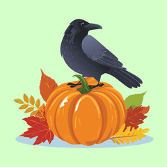 Fototapeta premium A cute cartoon crow sitting on a pumpkin with autumn leaves, a perfect graphic for Halloween or fall