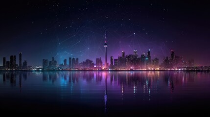 Abstract city silhouette with glowing connection points, blending blue and purple tones for a futuristic vibe.