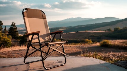 A solitary camping chair sits on a concrete patio overlooking a vast mountain landscape at sunset with warm golden light