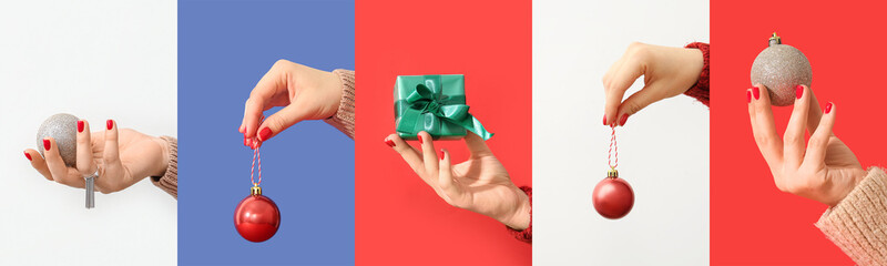 Collage of female hands with red manicure, gift and Christmas decorations on white and color...