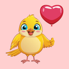An adorable cartoon yellow bird character happily holds a large red heart balloon, perfect for Valentine's Day or love themes