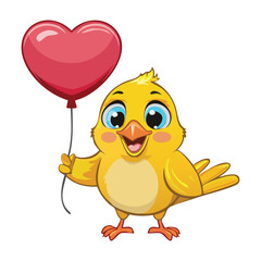 An adorable yellow bird character happily holds a large red heart balloon, perfect for Valentine's Day or love themes