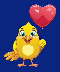 A cute cartoon yellow bird holds two red heart balloons, representing love, happiness, and affection