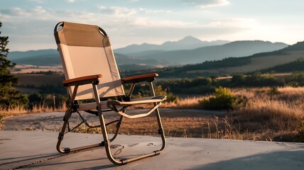 Empty folding chair sits on a patio overlooking a vast mountain landscape at sunset with golden light