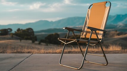 An empty orange folding camping chair sits on a concrete surface with a scenic mountain landscape and cloudy sky in the background