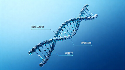 DNA double helix structure with labeled components including phosphodiester bonds, deoxyribose, and base pairs