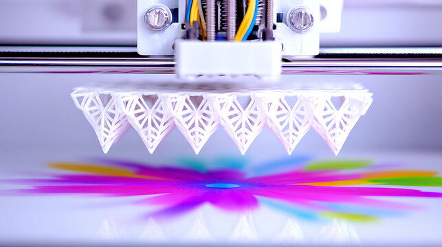 3D printer creating a white geometric object with colorful light reflection on surface