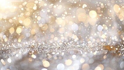 Shimmering bokeh background with gold and silver glitter, creating a festive and celebratory mood.  The image features out-of-focus lights and sparkles
