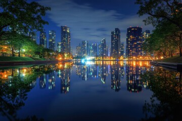 Obraz premium City skyline at night with reflections in water. Urban landscape and architecture.